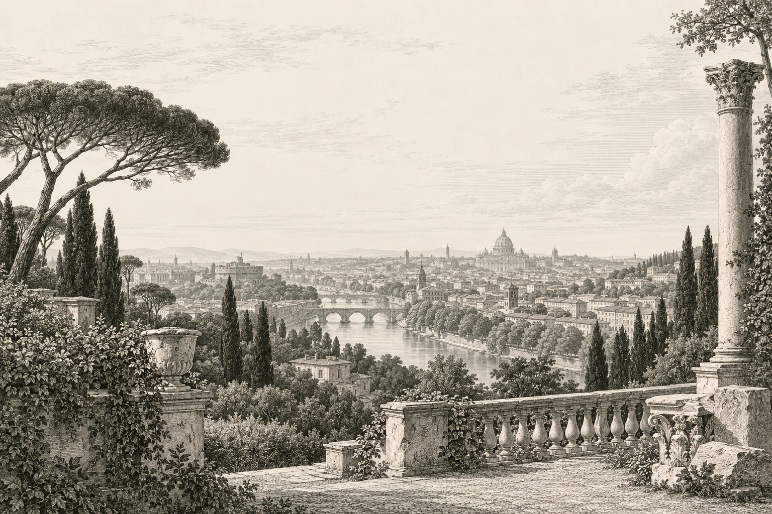 Engraving-inspired illustration of a Roman garden terrace overlooking the Tiber, framed by umbrella pines and a classical column.